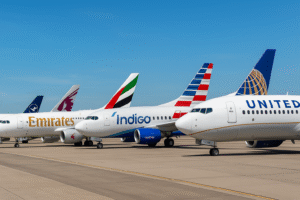 Airbus and Boeing aircraft from different airlines on the tarmac.