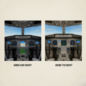 Airbus digital side-stick cockpit vs Boeing yoke control panel.