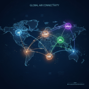 World map displaying major international airport codes connected by global flight routes.