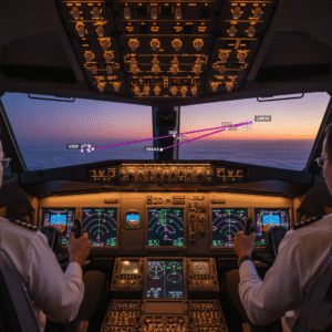 Cockpit navigation display showing ICAO codes for flight route between two airports.