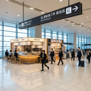 okyo Haneda Airport interior showcasing Japanese culture and modern design.