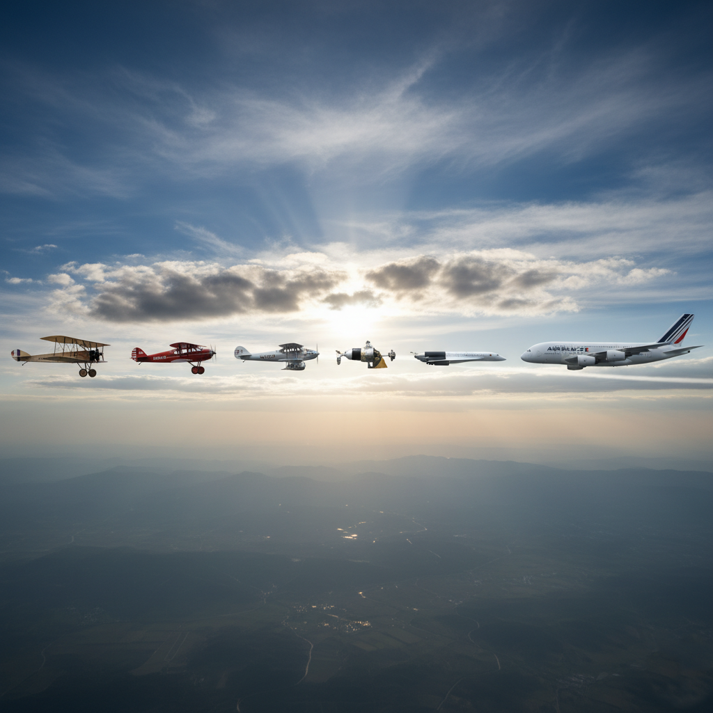 Evolution of aviation featuring iconic aircraft like the Wright Flyer, Spirit of St. Louis, Apollo 11, Concorde, and Airbus A380 representing famous historic flights.