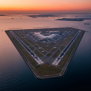 Kansai International Airport aerial view showing artificial island design.