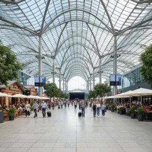 Munich Airportโs open plaza area with cafes and modern architecture.