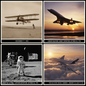 Evolution of aviation from early flight to modern airliners and space missions.