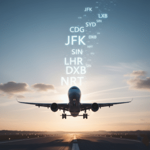 Airplane taking off with glowing airport codes blended into a sunset sky.