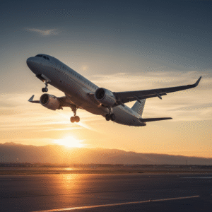 Commercial airplane taking off at sunrise representing aviation safety.