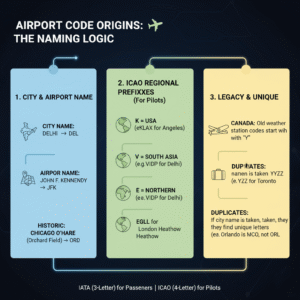 Infographic explaining how airport codes are formed using city names, airport titles, and ICAO regional prefixes.