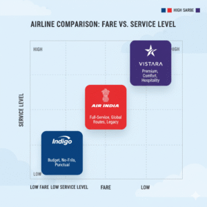 Comparison chart showing ticket pricing and services of IndiGo, Air India, and Vistara
