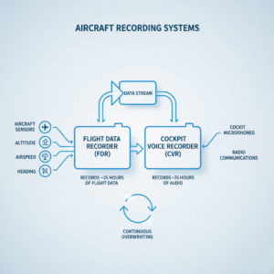 Diagram of black box in aircraft showing flight data recorder and cockpit voice recorder.