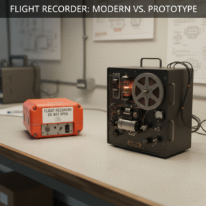 Modern orange aircraft black box compared with old black prototype.