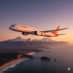 Air India Airbus/Boeing aircraft flying over scenic location
