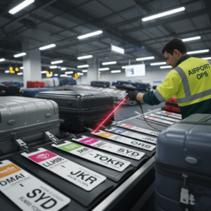 Airport worker scanning luggage tags displaying different IATA airport codes.