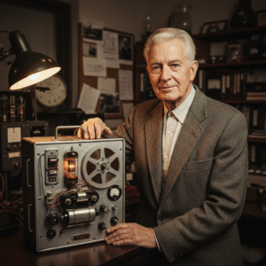Dr. David Warren with first flight recorder prototype for aircraft safety.