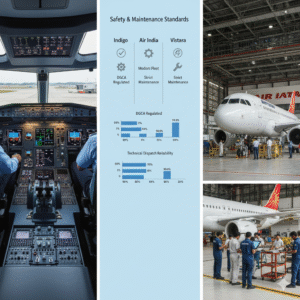 Airline safety and maintenance infographic for IndiGo, Air India, Vistara