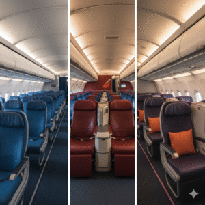 Inside cabin view: IndiGo, Air India, and Vistara seating arrangements