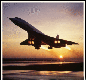 Concorde supersonic passenger jet during takeoff in the 1970s. 