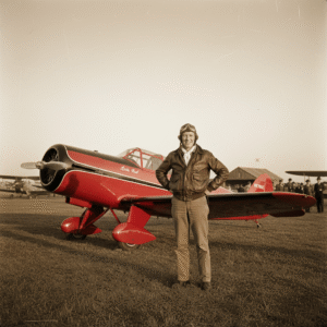 Amelia Earhart with her Lockheed Vega after completing her solo Atlantic flight in 1932.