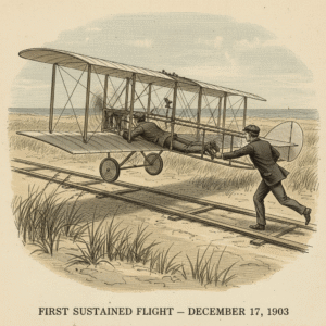 Wright Flyer during the first powered flight at Kitty Hawk in 1903.