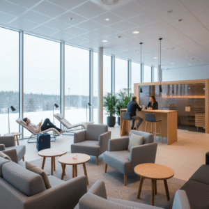Helsinki Airportโs calm lounge area reflecting Nordic minimalism.