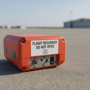 Bright orange black box in aircraft showing “Flight Recorder – Do Not Open” label
