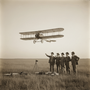 Early aviation pioneers testing their first biplane.