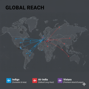 World map showing domestic and international destinations of IndiGo, Air India, and Vistara