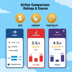 Comparison chart showing cost, comfort, punctuality, and overall rating of airlines