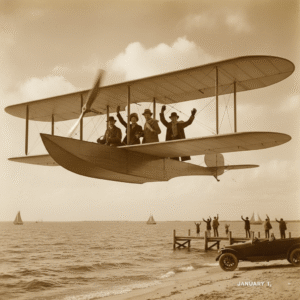 The Benoist XIV seaplane completing the first commercial airline flight in 1914.