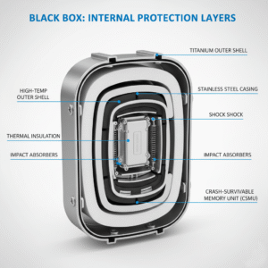 Cross-section showing black box protection layers Alt text: Internal layers of aircraft black box showing impact and fire-resistant casing. Underwater search for black box by divers/ROVs Alt text: Recovery team locating aircraft black box underwater with sonar and ROV. Technicians analyzing black box data in lab Alt text: Lab technicians decoding flight data recorder and cockpit voice recorder. Collage of recovered black boxes from aviation accidents Alt text: Recovered aircraft black boxes used in air crash investigation. Futuristic concept of black box transmitting data to satellites Alt text: Next-generation black box in aircraft streaming flight data to satellites. Airplane taking off at sunrise symbolizing safety and progress Alt text: Commercial airplane taking off at sunrise representing aviation safety. Black box resting beside an aircraft engine/runway Alt text: Aircraft black box placed near airplane engine symbolizing safety and resilience.