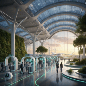 Futuristic airport with AI gates and sustainable architecture concept.