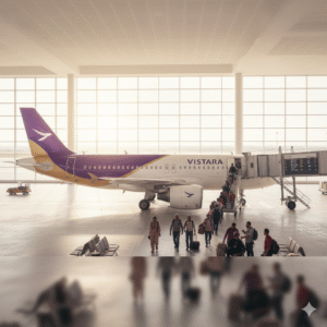 Vistara airplane with passengers boarding at airport