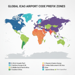 Global map highlighting ICAO regional airport code prefixes for each continent.