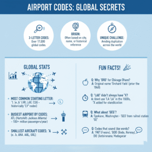 Infographic listing interesting statistics and trivia about airport codes worldwide.