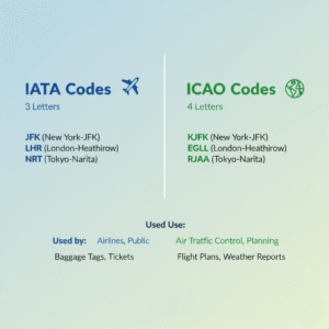 Table image comparing IATA and ICAO airport code systems with examples and usage differences.