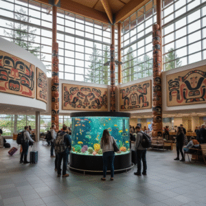 Vancouver International Airport interior showcasing Canadian art and marine life.