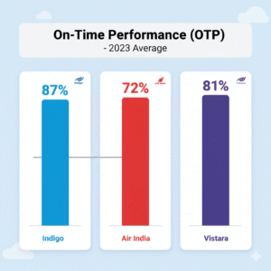 On-time performance infographic for IndiGo, Air India, and Vistara