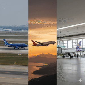 IndiGo, Air India, and Vistara airplanes side by side at airport