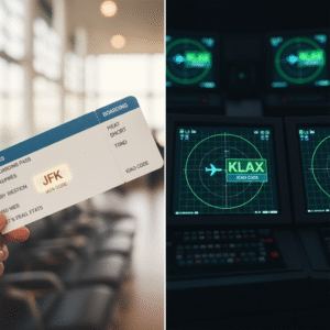 Comparison of IATA and ICAO airport codes on boarding pass and control tower radar display.