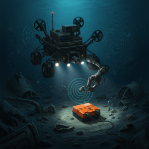 Recovery team locating aircraft black box underwater with sonar and ROV.