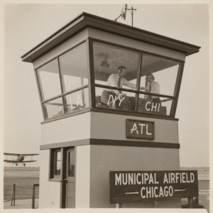Historical photo of early airport control tower showcasing early airport code labels.