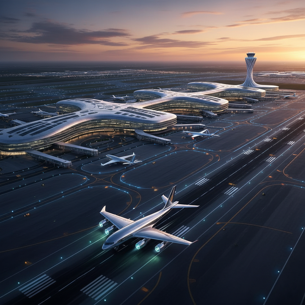 Aerial view of one of the best airports in the world 2025 with modern terminals and glowing lights.