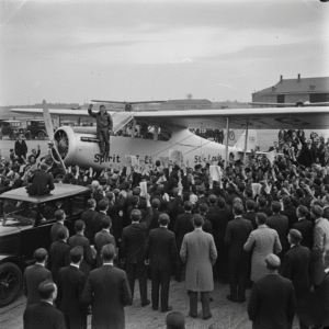 Charles Lindbergh with the Spirit of St. Louis after completing the first solo transatlantic flight