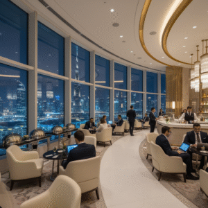 Dubai International Airport luxury lounge area with modern seating and lighting.