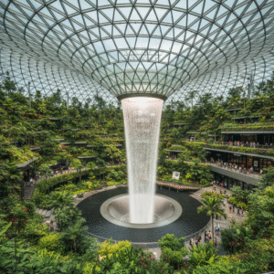 The iconic Rain Vortex at Singapore Changi Airportโs Jewel complex.