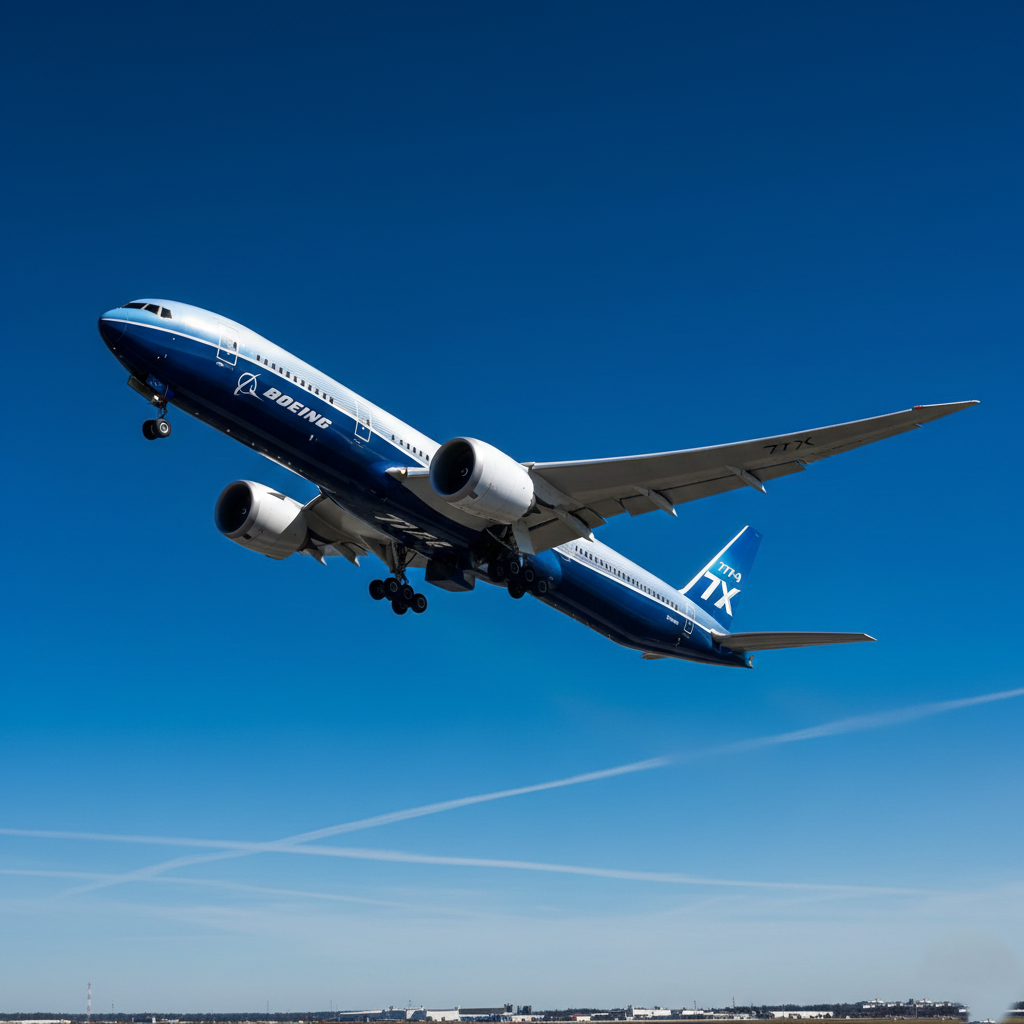 The new Boeing 777X widebody jet performs its first test flight, showcasing its massive scale and next-generation design.