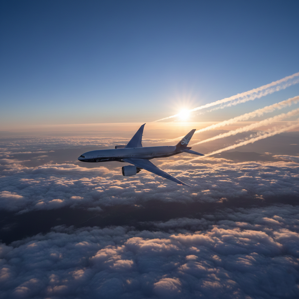 Boeing 777X cruising smoothly at high altitude.