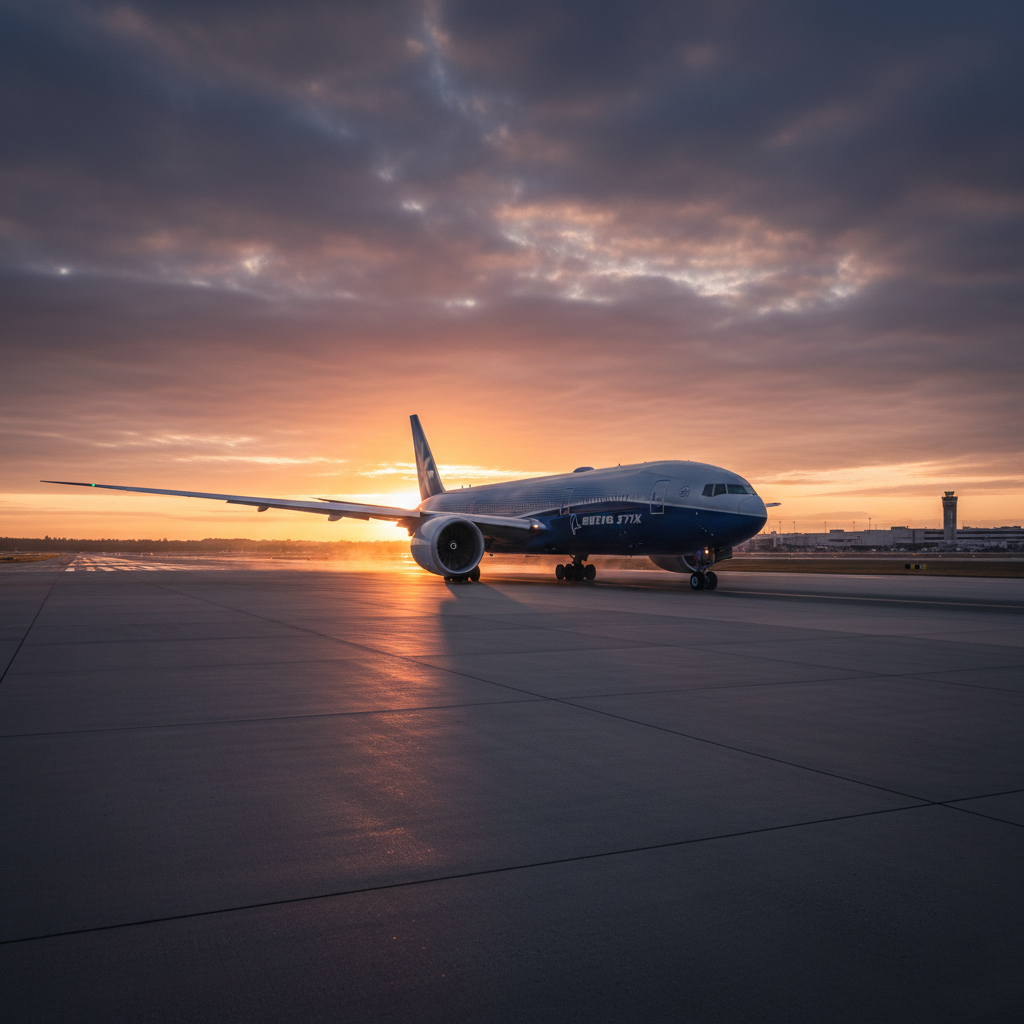 Boeing 777X on runway with folding wingtips at sunrise.