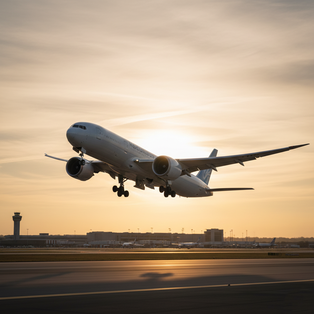 Boeing 777X taking off with glowing golden-hour light.