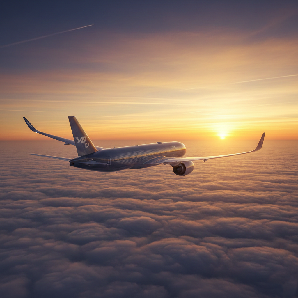 Featured image showing Boeing 777X flying above clouds during golden hour with wide wingspan.
